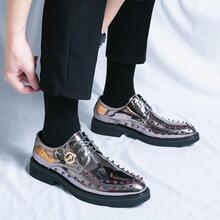 Men Metallic Rivet Detail Metal Decor Dress Shoes, Glamorous Silver Derby Shoes For Party - Silver - View 7