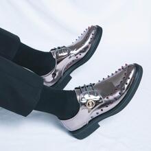 Men Metallic Rivet Detail Metal Decor Dress Shoes, Glamorous Silver Derby Shoes For Party - Silver - View 8