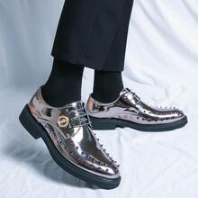 Men Metallic Rivet Detail Metal Decor Dress Shoes, Glamorous Silver Derby Shoes For Party - Silver - View 6