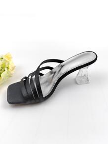 Phong cách giản dị & công sở Xăng đan nữ gót chunky trong suốt, Dép cao gót màu đen, Plus Size - màu đen - Xem 3