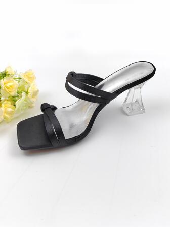 Casual Clear Chunky Heeled Women's Sandals For Outdoor Walking, Plus Size, Black