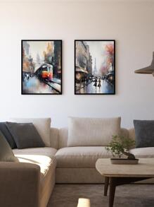 Kit 2 Quadros Cidade Bonde Quarto Sala Casa salão Hall decoração