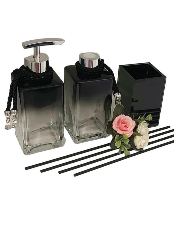 Kit Lavabo Luxo Saboneteira Aromatizador e Porta Escova De Dentes Em Vidro