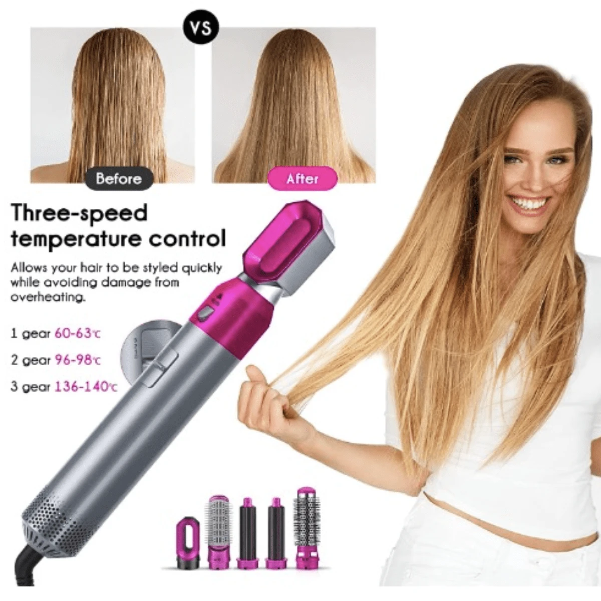5 In 1 Hair Dryer And Styler - Multifunctional Brush With Negative Ions And Detachable Accessories - Hot Pink - View 1