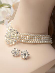 复古水钻和仿珍珠装饰新娘项链和耳钉套装。情人节配饰 - 白色 - 查看 3