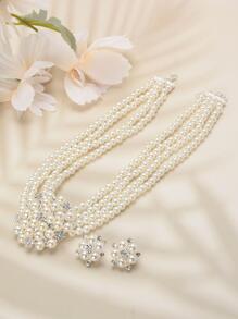 复古水钻和仿珍珠装饰新娘项链和耳钉套装。情人节配饰 - 白色 - 查看 5