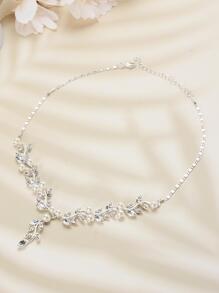 Set de collar y aretes de aleación de perlas y diamantes de imitación para mujer, estilo simple, ideal para bodas y banquetes, 3 piezas/set - Plateado - Ver 2