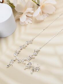 Set de collar y aretes de aleación de perlas y diamantes de imitación para mujer, estilo simple, ideal para bodas y banquetes, 3 piezas/set - Plateado - Ver 3