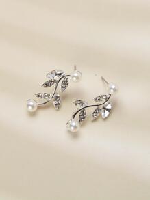 Set de collar y aretes de aleación de perlas y diamantes de imitación para mujer, estilo simple, ideal para bodas y banquetes, 3 piezas/set - Plateado - Ver 5