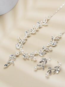 Set de collar y aretes de aleación de perlas y diamantes de imitación para mujer, estilo simple, ideal para bodas y banquetes, 3 piezas/set - Plateado - Ver 4