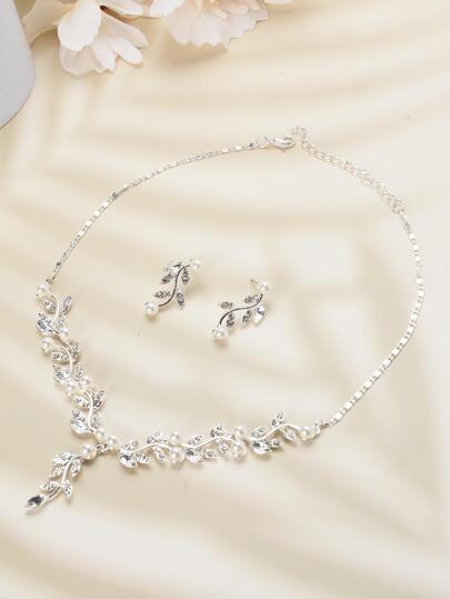 3pcs/Set Women's Alloy Pearl & Rhinestone Necklace Earrings Set, Simple Style, Ideal For Wedding & Banquet
