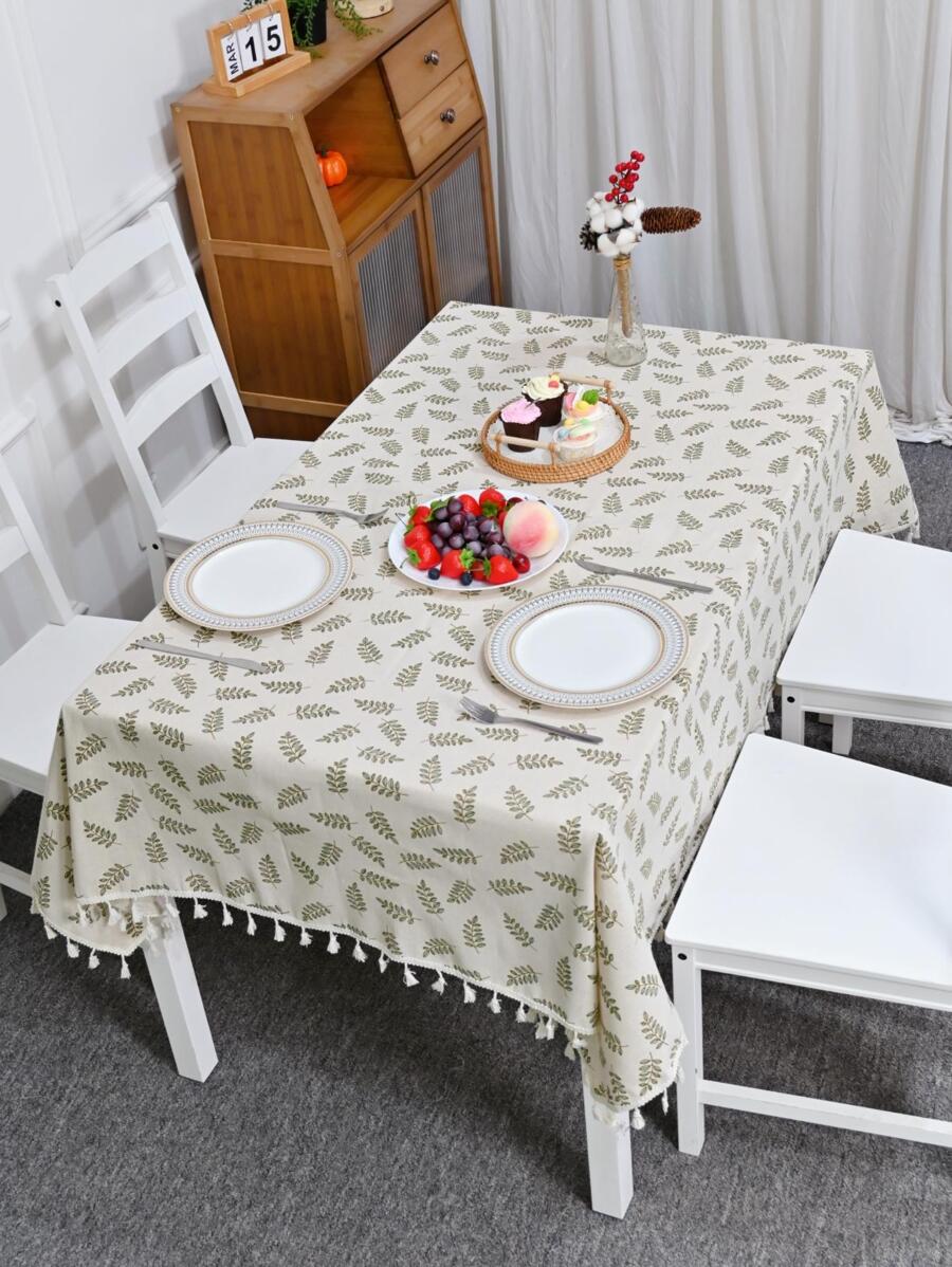 1 Họa Tiết Lá Tua Rua Trang Trí Khăn Trải Bàn, Polyester Hiện Đại Trang Trí Bàn Cho Gia Đình - Màu be - Xem 1