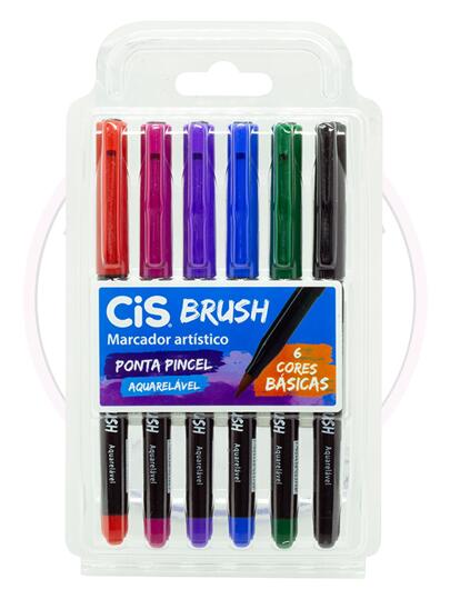 Caneta Brush Pen (Marcador Artístico) Aquarelável CiS – Cores Básicas – Est 6 UN