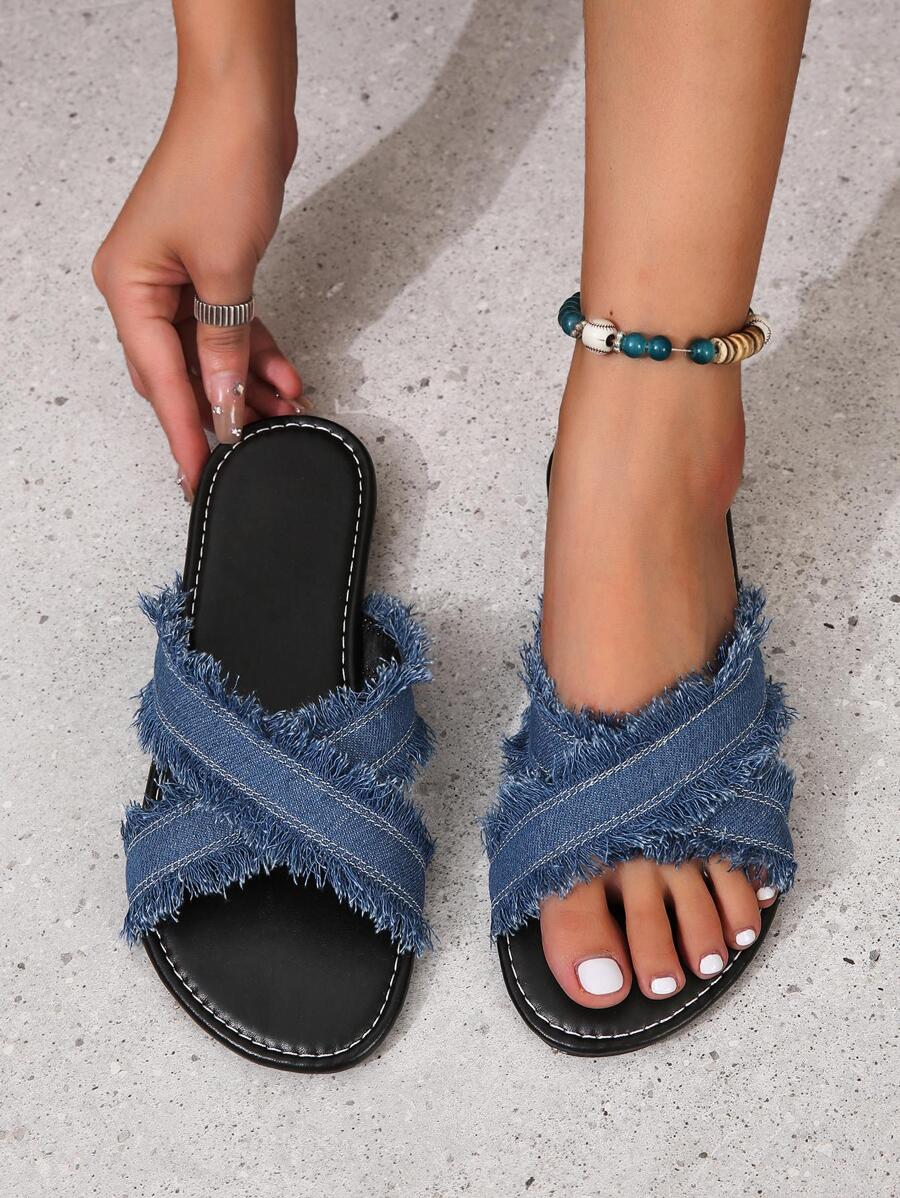 女士夏季休闲波西米亚风平底凉鞋，蓝色交叉带 - 藍色 - 查看 1