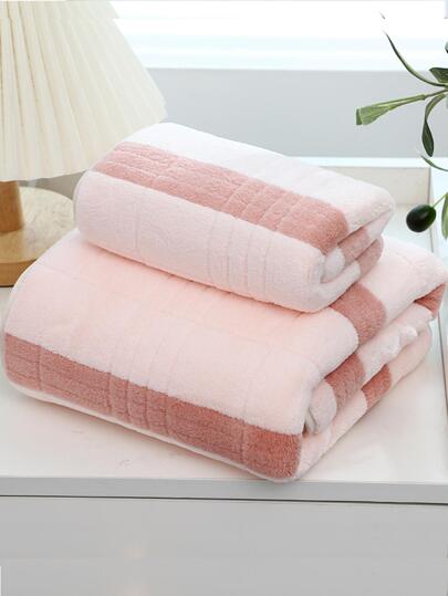 2pcs/Set Coral Fleece Family & Couples Striped Plaid Soft Absorbent 35*75cm Hand Towel + 70*140cm Bath Towel