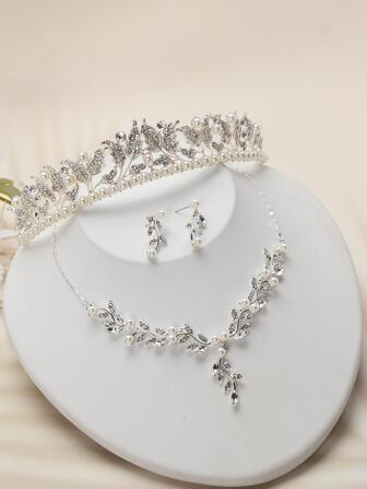 水钻和人造珍珠装饰 新娘头饰和耳环和项链 头饰 万圣节