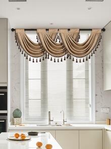 1入組純色波浪窗簾,復古極簡風格的雪紡布料,帶流蘇邊緣,適用於客廳臥室廚房窗戶和門裝飾 - 咖啡棕 - 查看 6