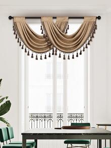 1入組純色波浪窗簾,復古極簡風格的雪紡布料,帶流蘇邊緣,適用於客廳臥室廚房窗戶和門裝飾 - 咖啡棕 - 查看 11