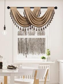 1入組純色波浪窗簾,復古極簡風格的雪紡布料,帶流蘇邊緣,適用於客廳臥室廚房窗戶和門裝飾 - 咖啡棕 - 查看 5