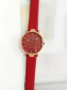 1入組女士紅色PU聚氨酯帶時尚水鑽裝飾圓形錶盤石英表和2入組手環,適用於日常生活 - 紅色 - 查看 5