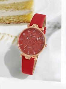 1入組女士紅色PU聚氨酯帶時尚水鑽裝飾圓形錶盤石英表和2入組手環,適用於日常生活 - 紅色 - 查看 2