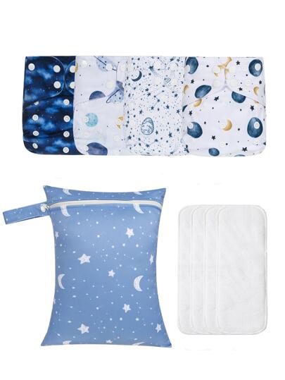 4入組嬰兒星空圖案布尿布&4入組尿布插片&1入組尿布收納袋