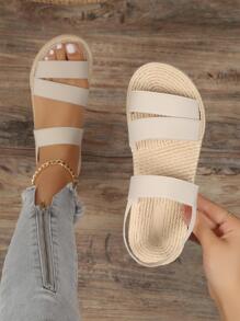 Sandalias planas estilo resort de primavera/verano para mujer con diseño elástico para mayor comodidad al aire libre - Beis - Ver 4