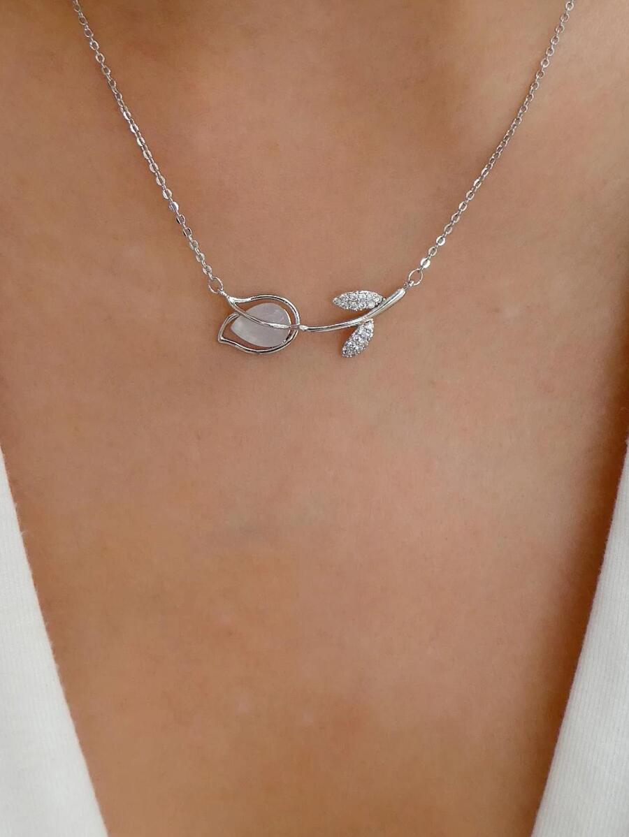 Rhinestone chi tiết thiết kế hoa vòng cổ - Bạc - Xem 1