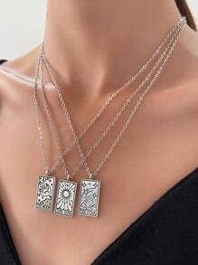 3pcs/set Fashionable Personalized Sun, Moon, Star Pattern Necklace Set For Best Friends Gift - Antique Silver - View 4