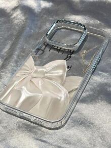 白色蝴蝶結電鍍鏡片按鍵三合一手機殼相容蘋果 - 無色 - 查看 1