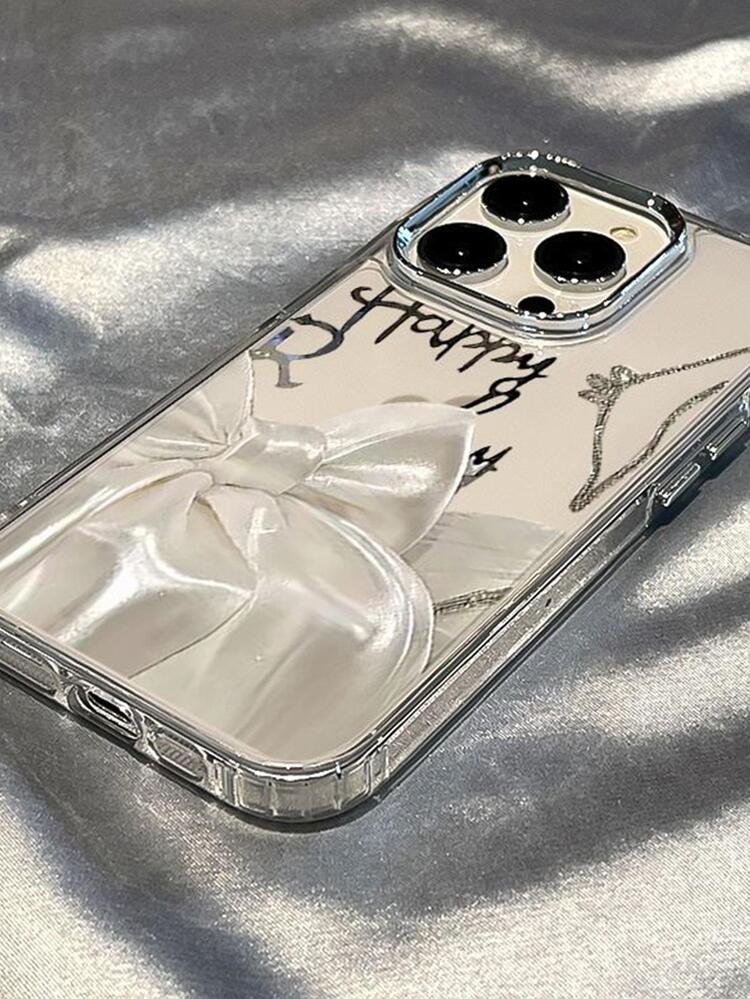 白色蝴蝶結電鍍鏡片按鍵三合一手機殼相容蘋果 - 無色 - 查看 2