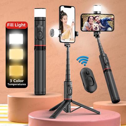 AXNEN 带弧形补光灯的自拍杆，便携稳定的手机三脚架，带无线遥控器，兼容 OnePlus 等智能手机，黑色，适合夏季度假、旅行、户外活动、直播，兼容