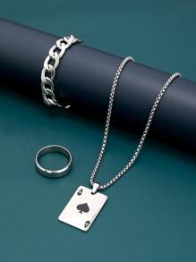 男士撲克牌吊墜項鍊和戒指和手鐲 - 銀色 - 查看 1