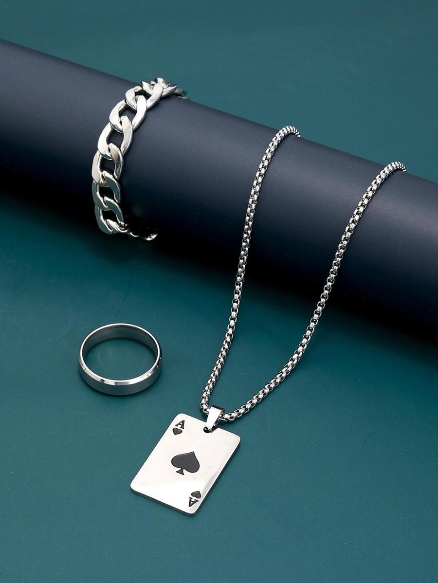 男士撲克牌吊墜項鍊和戒指和手鐲 - 銀色 - 查看 1