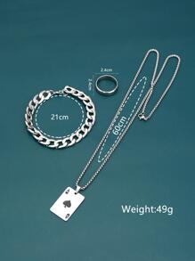 男士撲克牌吊墜項鍊和戒指和手鐲 - 銀色 - 查看 2