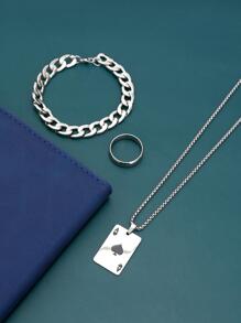 男士撲克牌吊墜項鍊和戒指和手鐲 - 銀色 - 查看 4