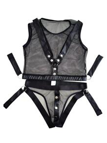 Man Body Todo Malla Lencería Para Hombre Suspensorio Tanga Man Corset Bajo Lencería Hombre Suspensorio Singlet Tanga - Negro - Ver 3