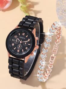 3pcs Fashionable, Simple And Versatile Women's Quartz Watch, Round Dial, Casual And Versatile, Paired With Diamond Studded Heart-Shaped Jewelry Bracelet Set, Suitable For Holidays And Daily Wear - Black - View 1