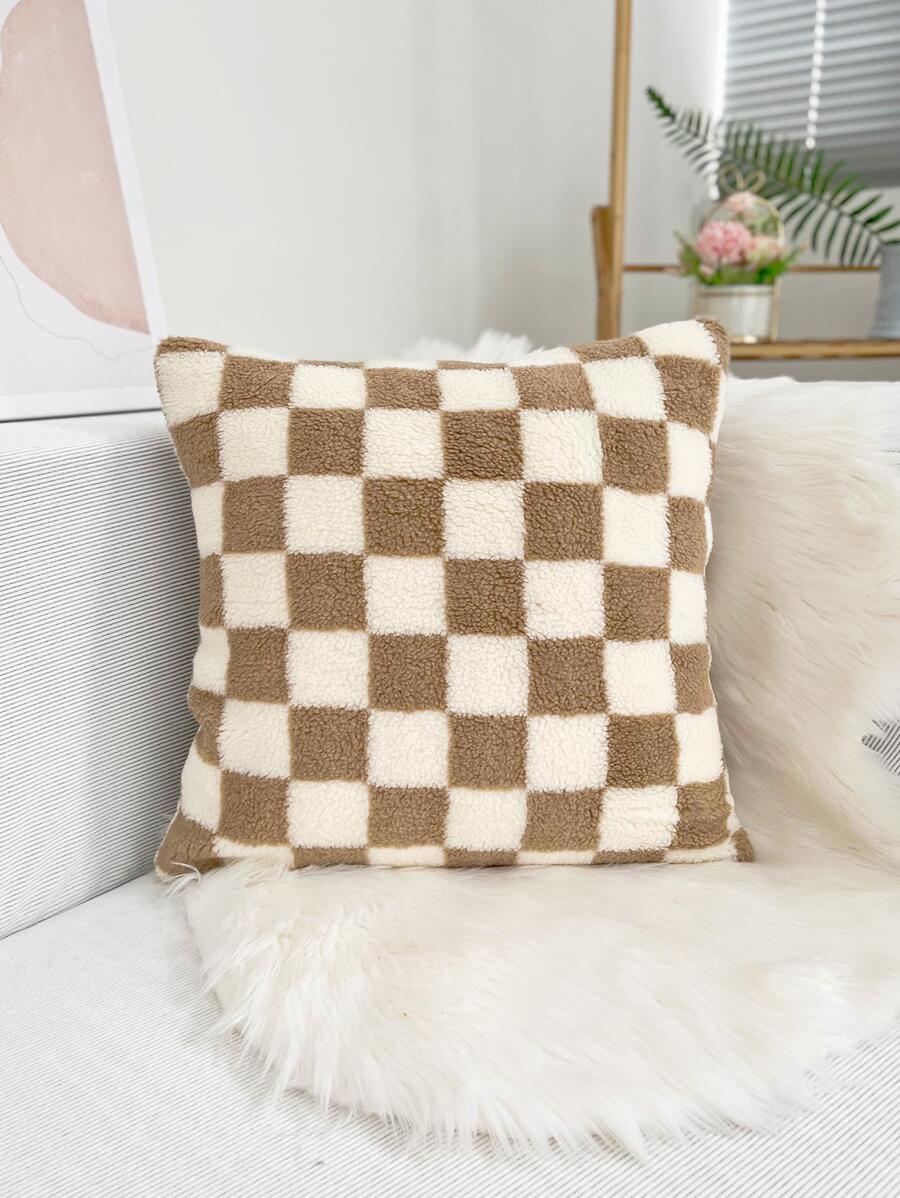 1pc Soft Plush Checkered Pillow Cover Without Filling