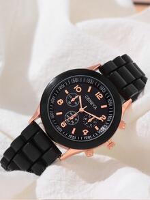 3pcs Fashionable, Simple And Versatile Women's Quartz Watch, Round Dial, Casual And Versatile, Paired With Diamond Studded Heart-Shaped Jewelry Bracelet Set, Suitable For Holidays And Daily Wear - Black - View 4