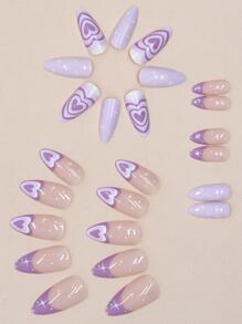 24入組長杏仁形紫色心形、點狀和閃爍指甲貼紙，適用於假指甲，1入組指甲修理磨板和1入組果凍凝膠按壓指甲，指甲用品 - 彩色 - 查看 3