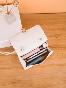 Bow Decor Waterproof Geometric Pattern Skinny Scarf Decor Flap Square Bag Push Lock Portable For Women - White - View 5