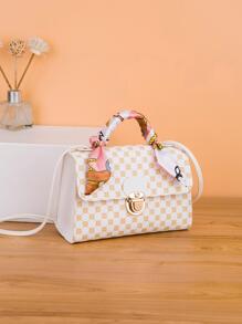 Bow Decor Waterproof Geometric Pattern Skinny Scarf Decor Flap Square Bag Push Lock Portable For Women - White - View 3