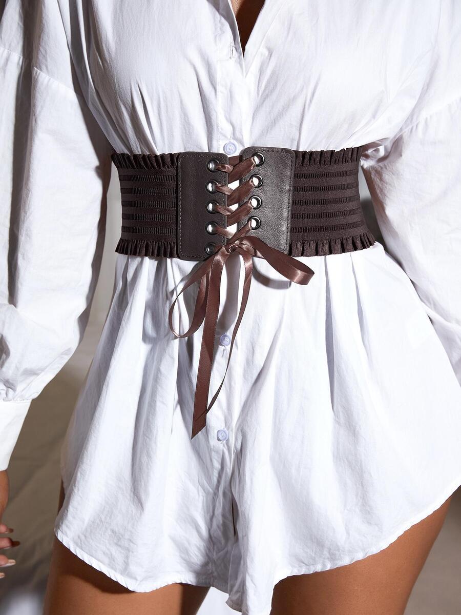 1入組歐美風格彈性帶腰皮帶 - 咖啡棕 - 查看 1