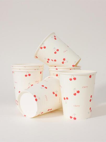 8pcs/Set Cartoon Cherry Design Simple Colored Disposable Paper Cups