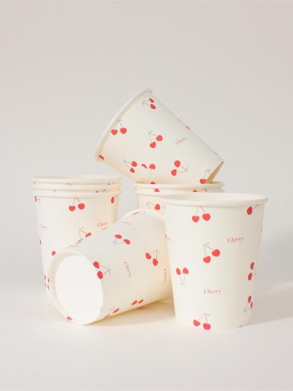 Set de 8 vasos de papel desechables simples de diseño de cereza de dibujos animados coloreados