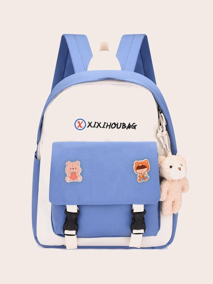 Girls Letter Embroidered Zipper Preppy Functional Backpack With Bag Charm - Blue - View 1