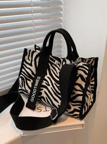 Bolso Tote de Gran Capacidad con Diseño Minimalista de Patchwork - Blanco y Negro - Ver 3