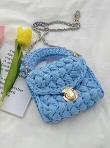 azul Bolso de ganchillo de moda con solapa con cadena con tira Bolso cartera - Azul - Ver 5