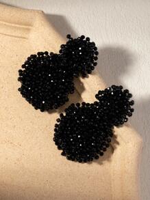 Beaded Round Drop Earrings - Black - View 2